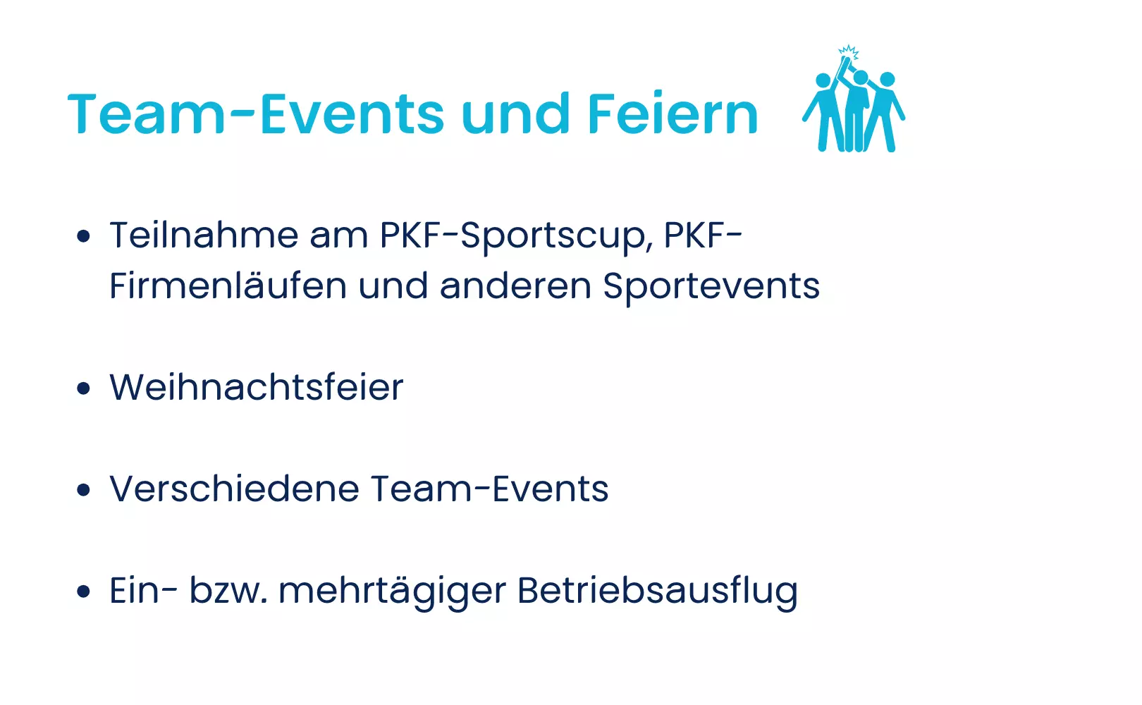 Stichpunkte zu Team-Events, inklusive Teilnahme an Sportevents, Weihnachtsfeier, Team-Ausflügen und regelmäßigem Mitarbeiterevent.