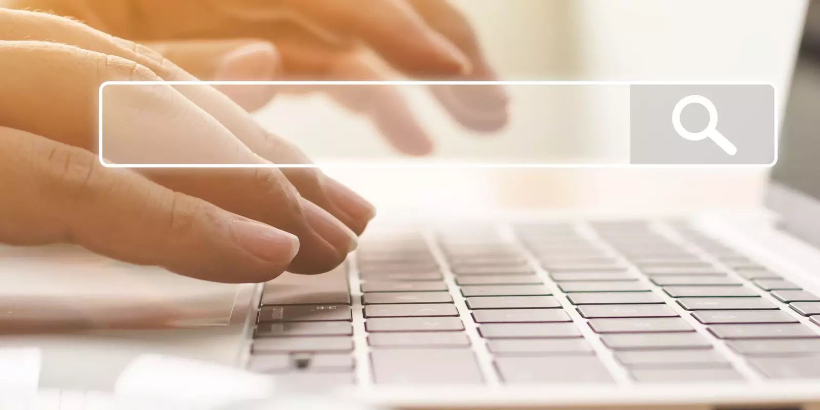 Hände tippen auf einer Laptop-Tastatur mit eingeblendeter Suchleiste.