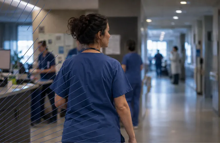 Pflegefachkraft auf einer Krankenhausstation mit weiteren Personen im unscharfen Hintergrund als Symbol für neue Befugnisse und Anforderungen in der Pflege.