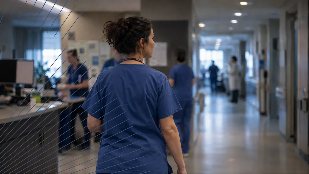 Pflegefachkraft auf einer Krankenhausstation mit weiteren Personen im unscharfen Hintergrund als Symbol für neue Befugnisse und Anforderungen in der Pflege.