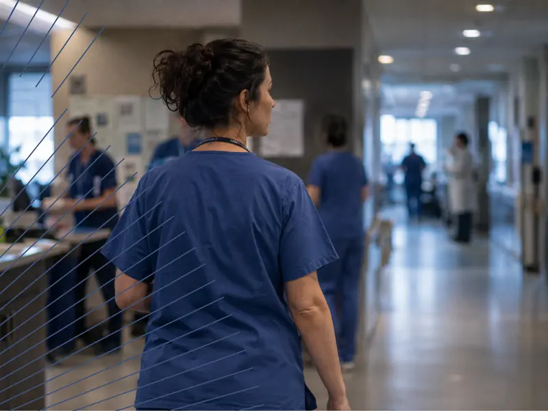 Pflegefachkraft auf einer Krankenhausstation mit weiteren Personen im unscharfen Hintergrund als Symbol für neue Befugnisse und Anforderungen in der Pflege.