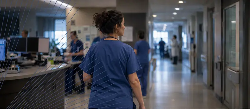 Pflegefachkraft auf einer Krankenhausstation mit weiteren Personen im unscharfen Hintergrund als Symbol für neue Befugnisse und Anforderungen in der Pflege.