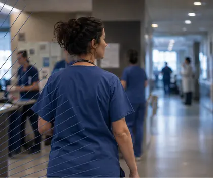 Pflegefachkraft auf einer Krankenhausstation mit weiteren Personen im unscharfen Hintergrund als Symbol für neue Befugnisse und Anforderungen in der Pflege.