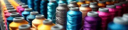 Reihen bunter Garnspulen in verschiedenen Farben in einer Textilfabrik oder Näherei – Symbolbild für Textilindustrie und Handwerk.