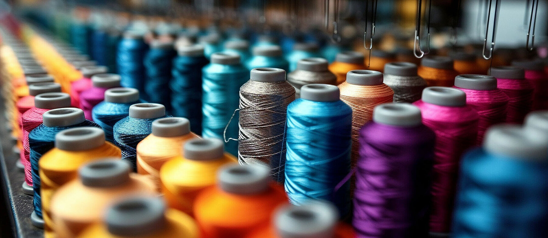 Reihen bunter Garnspulen in verschiedenen Farben in einer Textilfabrik oder Näherei – Symbolbild für Textilindustrie und Handwerk.