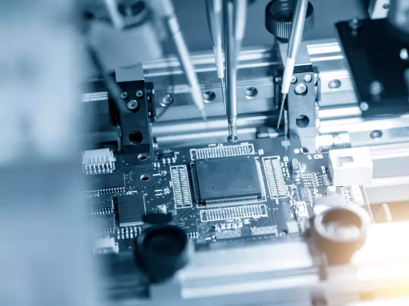 Nahaufnahme einer automatisierten Maschine bei der Bestückung einer Leiterplatte mit elektronischen Komponenten 