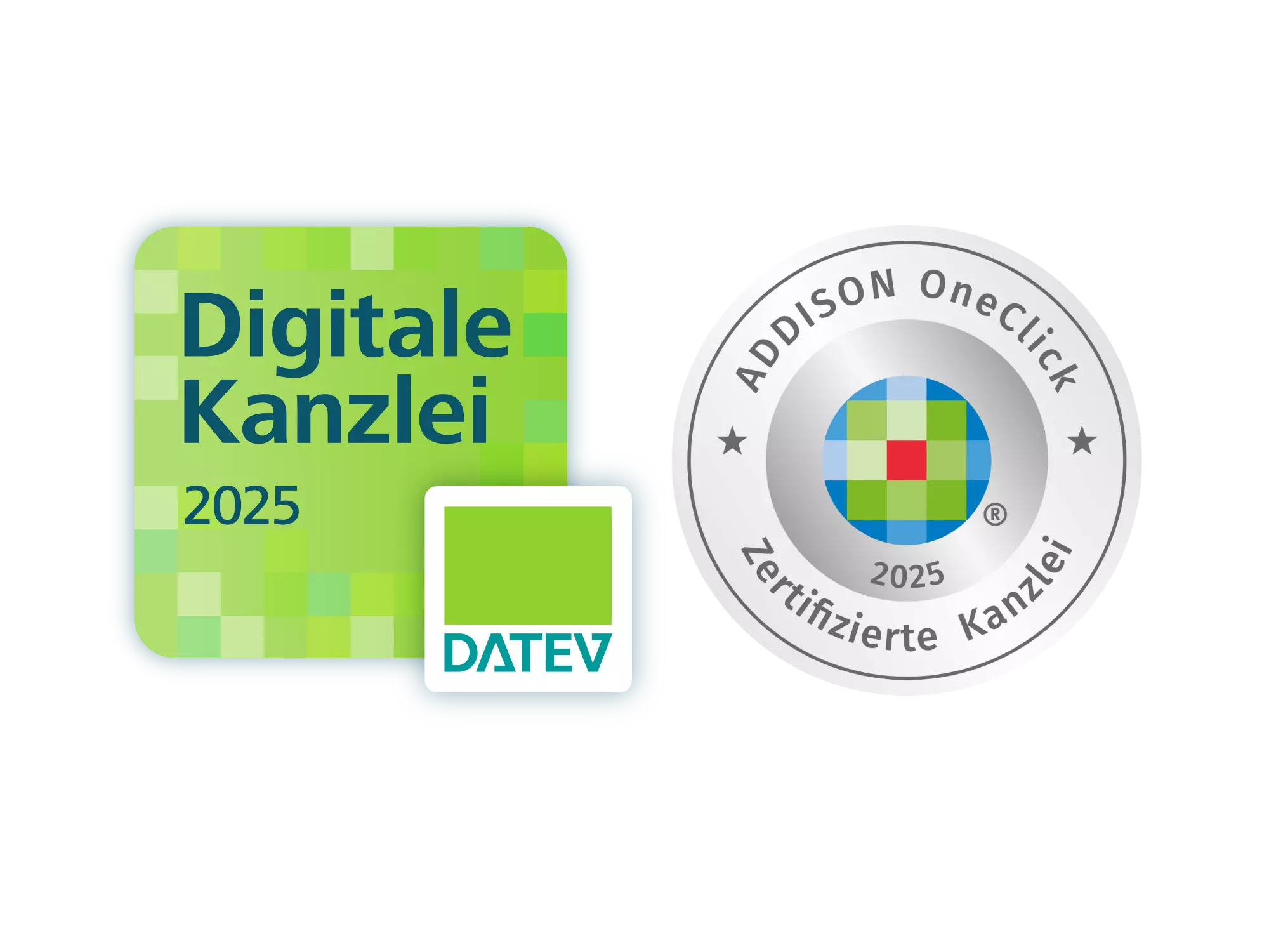 Logos ‚Digitale Kanzlei 2024‘ von DATEV und ‚ADDISON OneClick Zertifizierter Consultant 2024‘ nebeneinander dargestellt.
