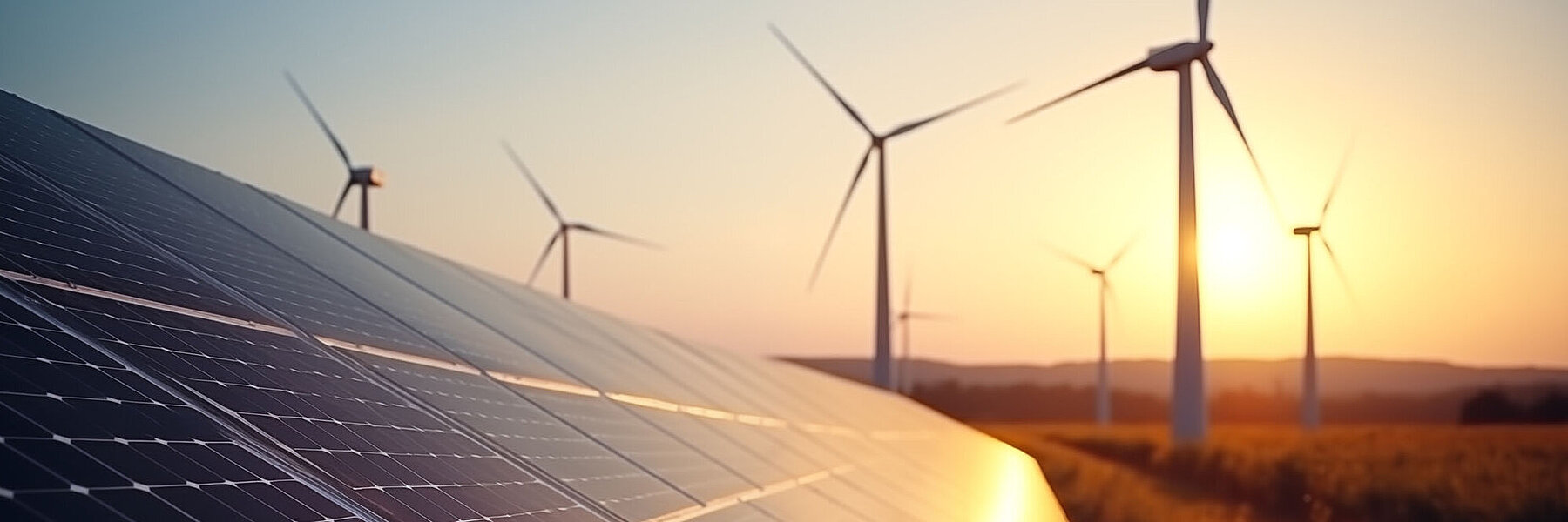 Solarmodule und Windräder in einer Landschaft bei Sonnenuntergang – Symbolbild für erneuerbare Energien und nachhaltige Energiegewinnung.