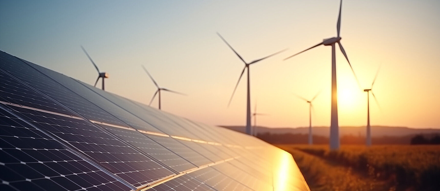 Bild von einer Solaranlage und Windmühlen