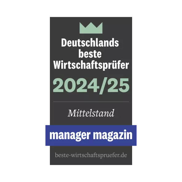 Auszeichnungssiegel von manager magazin und statista: „Deutschlands beste Wirtschaftsprüfer 2024/25 – Mittelstand“.