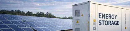Moderne Solaranlage mit großflächigen Photovoltaik-Modulen und Batteriespeicher-Container zur nachhaltigen Energiegewinnung und Stromspeicherung, visualisiert mit Börsenchart zur Darstellung von Investition, Energiewende und wirtschaftlicher Entwicklung im Bereich erneuerbare Energien.