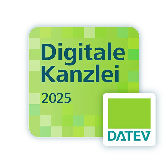 Auszeichnungssiegel „Digitale Kanzlei 2025“ von DATEV für hohe digitale Kompetenz und moderne Kanzleistrukturen.