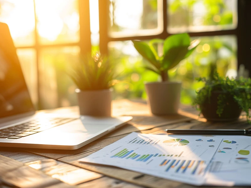 Bild eines Schreibtisches, auf dem ein Laptop steht und ein paar Papierbögen liegen