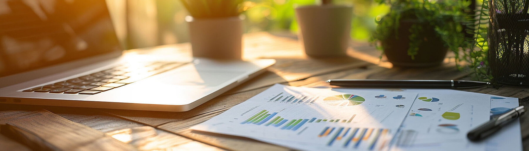 Bild eines Schreibtisches, auf dem ein Laptop steht und ein paar Papierbögen liegen