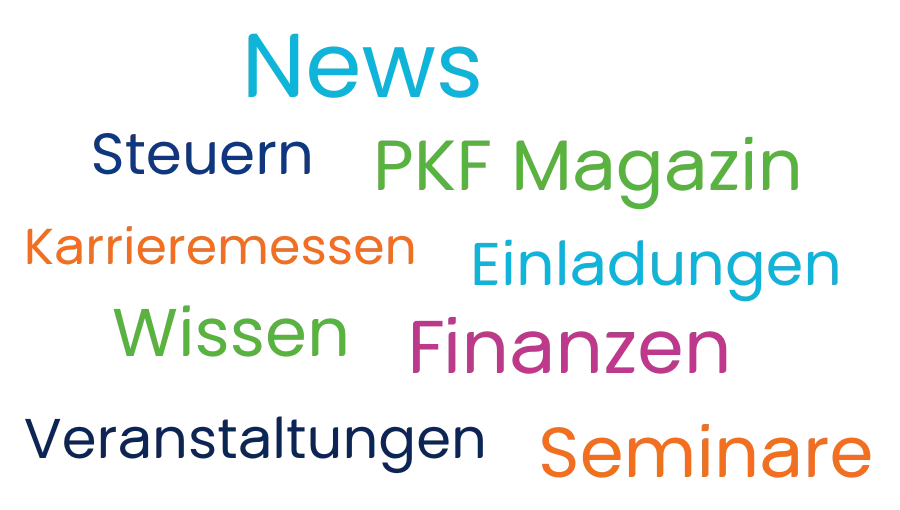 Wortwolke mit Begriffen wie „Namen“, „Steuern“, „Veranstaltungen“, „Wirtschaft“, „Hinweise“, „Finanzen“ und „Rechtsprechung“ in bunt.