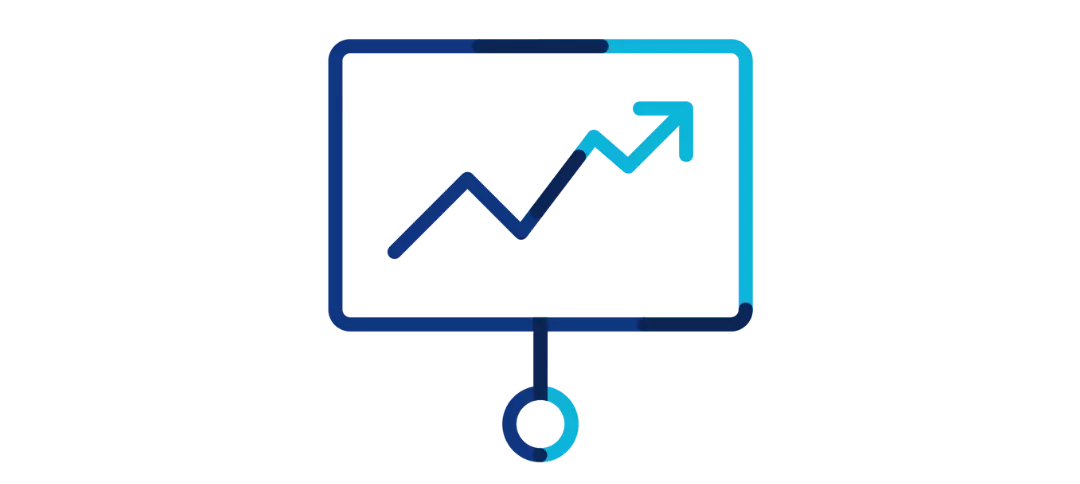 Symbol einer Präsentationstafel mit aufsteigendem Pfeil – grafisches Icon in Blautönen.