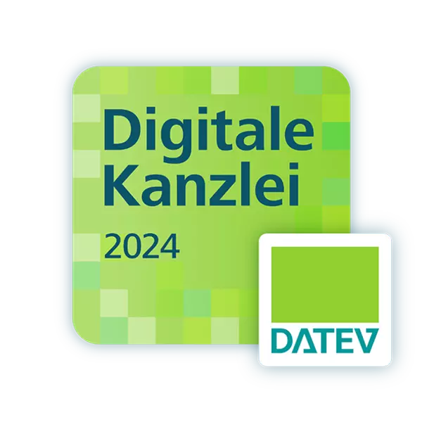 Logo ‚Digitale Kanzlei 2024‘ von DATEV in grünem, pixelartigem Design mit DATEV-Logo unten rechts.