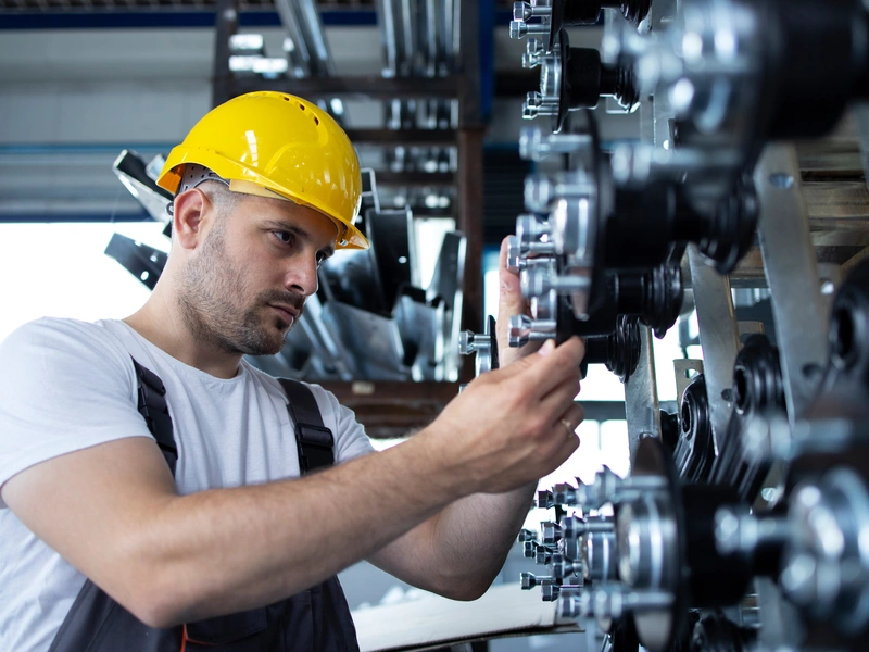 Bild eines Industriemechanikers bei der Arbeit an einer Maschinenanlage