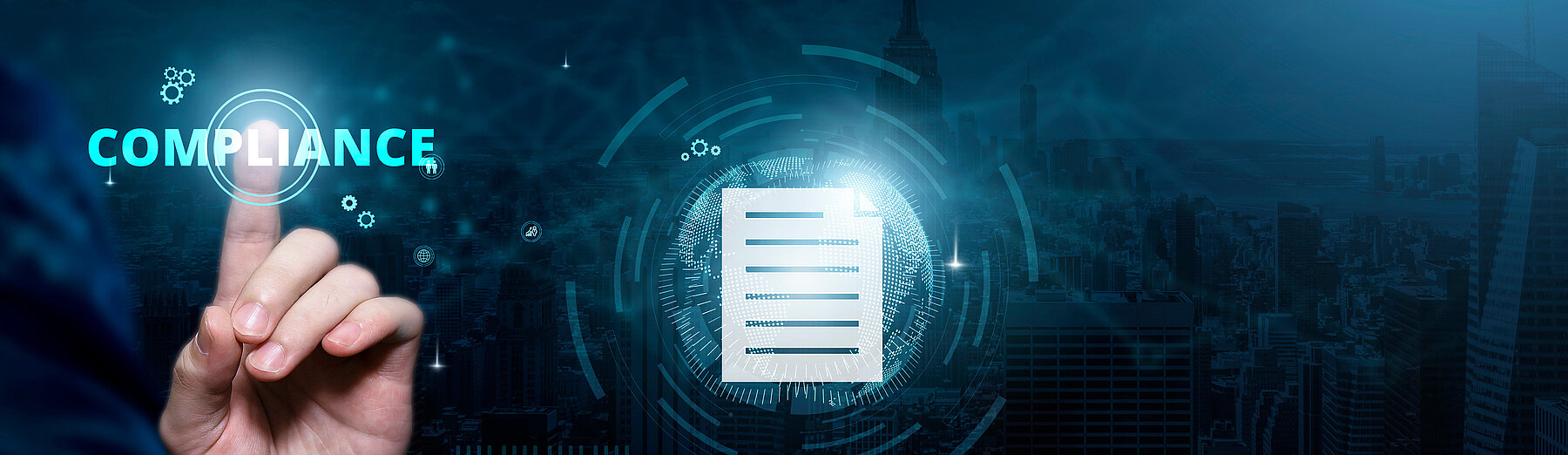 Darstellung eines Dokuments mit dem Text ‚COMPLIANCE‘; Symbol für rechtliche Vorschriften und digitale Regulierung.