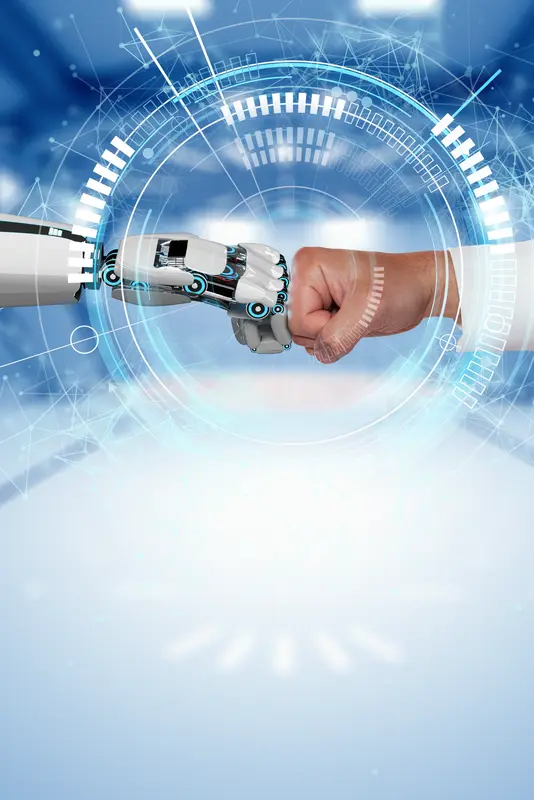 Gemeinsamer Faustgruß einer biologisch menschlichen Hand und einer Roboterhand