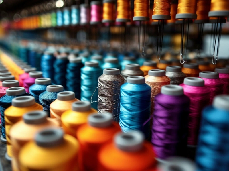 Reihen bunter Garnspulen in verschiedenen Farben, ordentlich aufgereiht