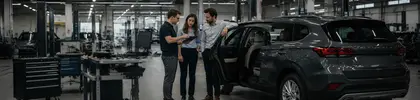 Drei Personen besprechen in einer modernen Automobilwerkstatt technische Details an einem Fahrzeug mit geöffneter Tür.