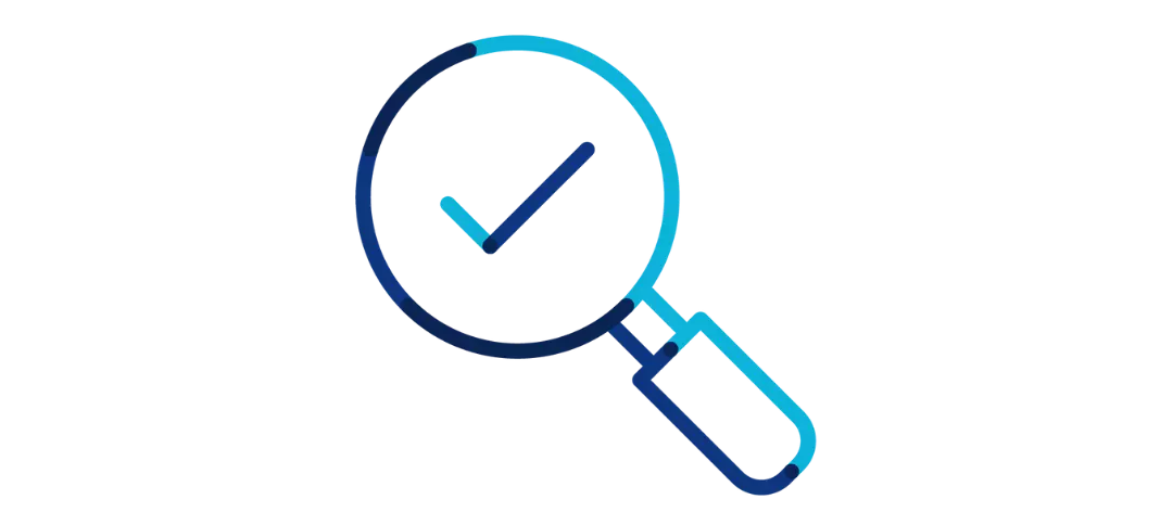 Symbolgrafik einer Lupe mit Häkchen – Darstellung für Prüfung, Kontrolle oder erfolgreiche Überprüfung.