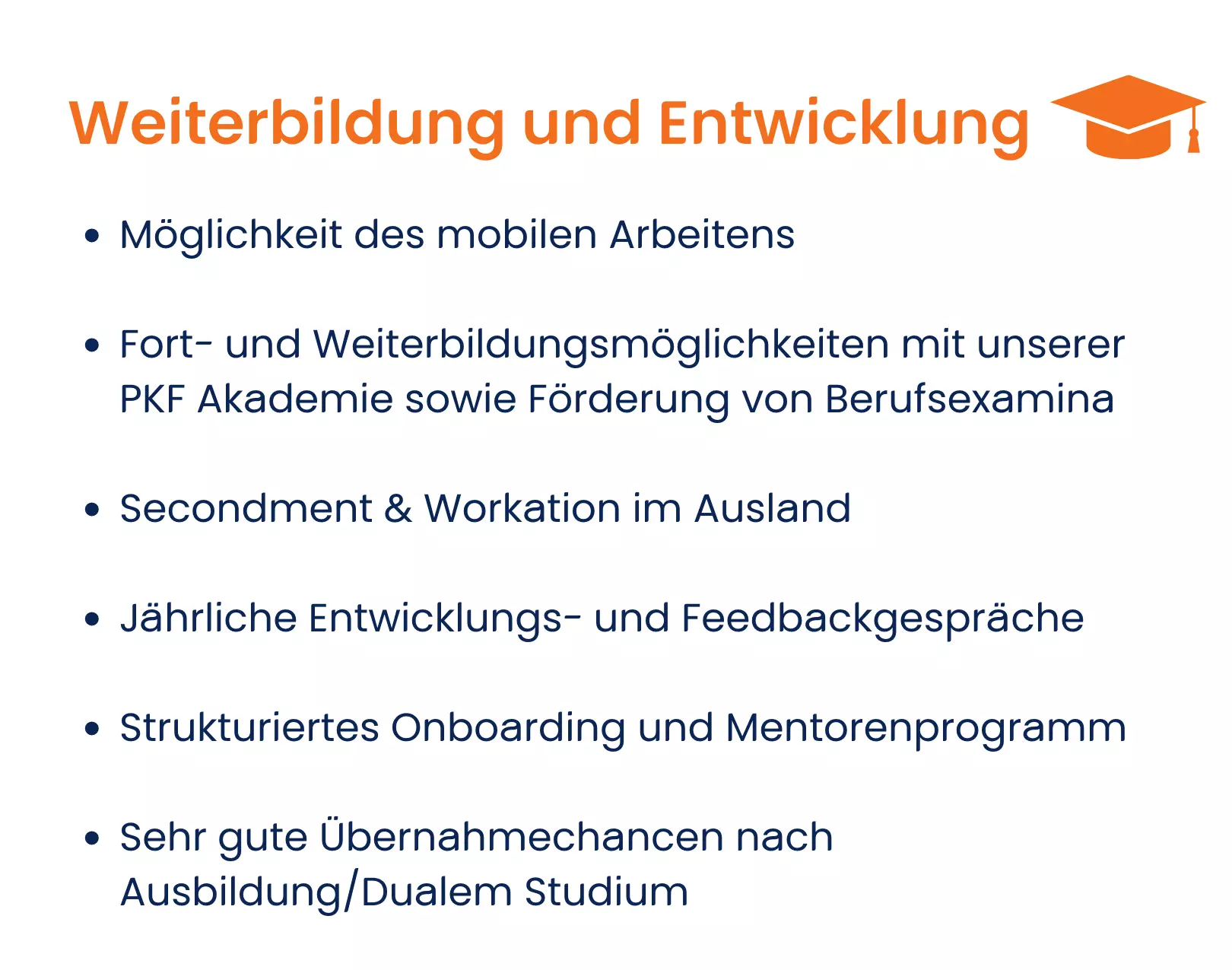Stichpunkte zur Weiterbildung, darunter Angebote zur fachlichen Entwicklung, Sprachkurse, Schulungen, Mentoring-Programme und andere.