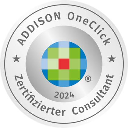 Siegel ‚ADDISON OneClick Zertifizierter Consultant 2024‘ mit buntem Mosaik-Kreis in der Mitte auf silbernem Hintergrund.