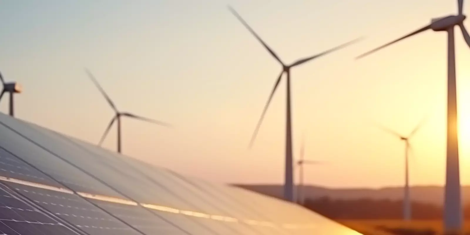 Solarpanels und Windräder in einer Landschaft bei Sonnenuntergang – Symbol für erneuerbare Energien und nachhaltige Energiegewinnung.