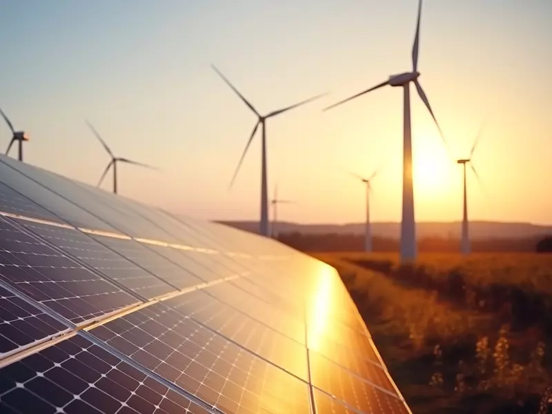 Solaranlage und Windmühlen, Symbol für grüne Energie