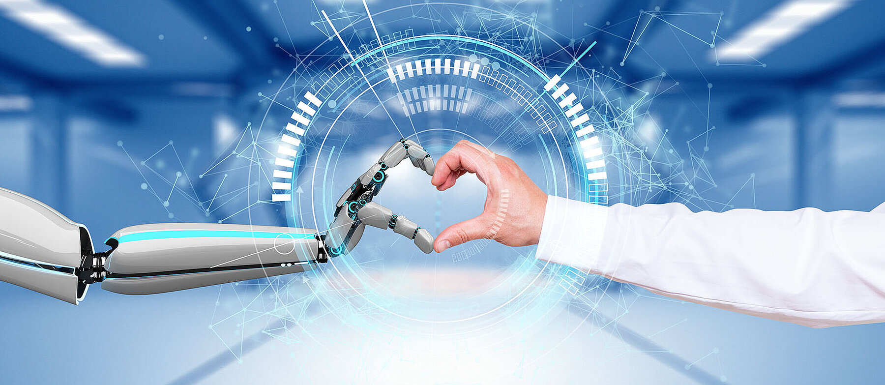Menschliche Hand und Roboterhand berühren sich in futuristischer Umgebung – Symbol für Zusammenarbeit von Mensch und Künstlicher Intelligenz.