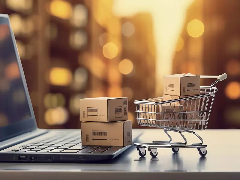 Bild eines Laptops mit Mini-Einkaufswagen. Es stellt E-Commerce dar