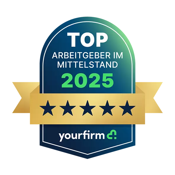 Auszeichnungssiegel „Top Arbeitgeber im Mittelstand 2025“ von yourfirm.de mit fünf Sternen für hervorragende Arbeitgeberqualität.