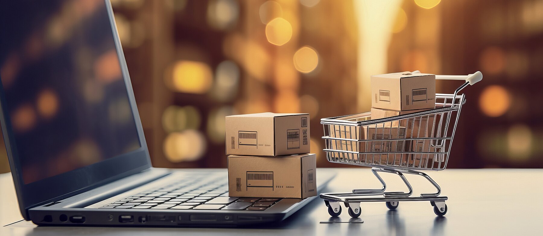 Laptop neben einem Einkaufswagen mit kleinen Versandkartons – Symbolbild für Online-Shopping und E-Commerce