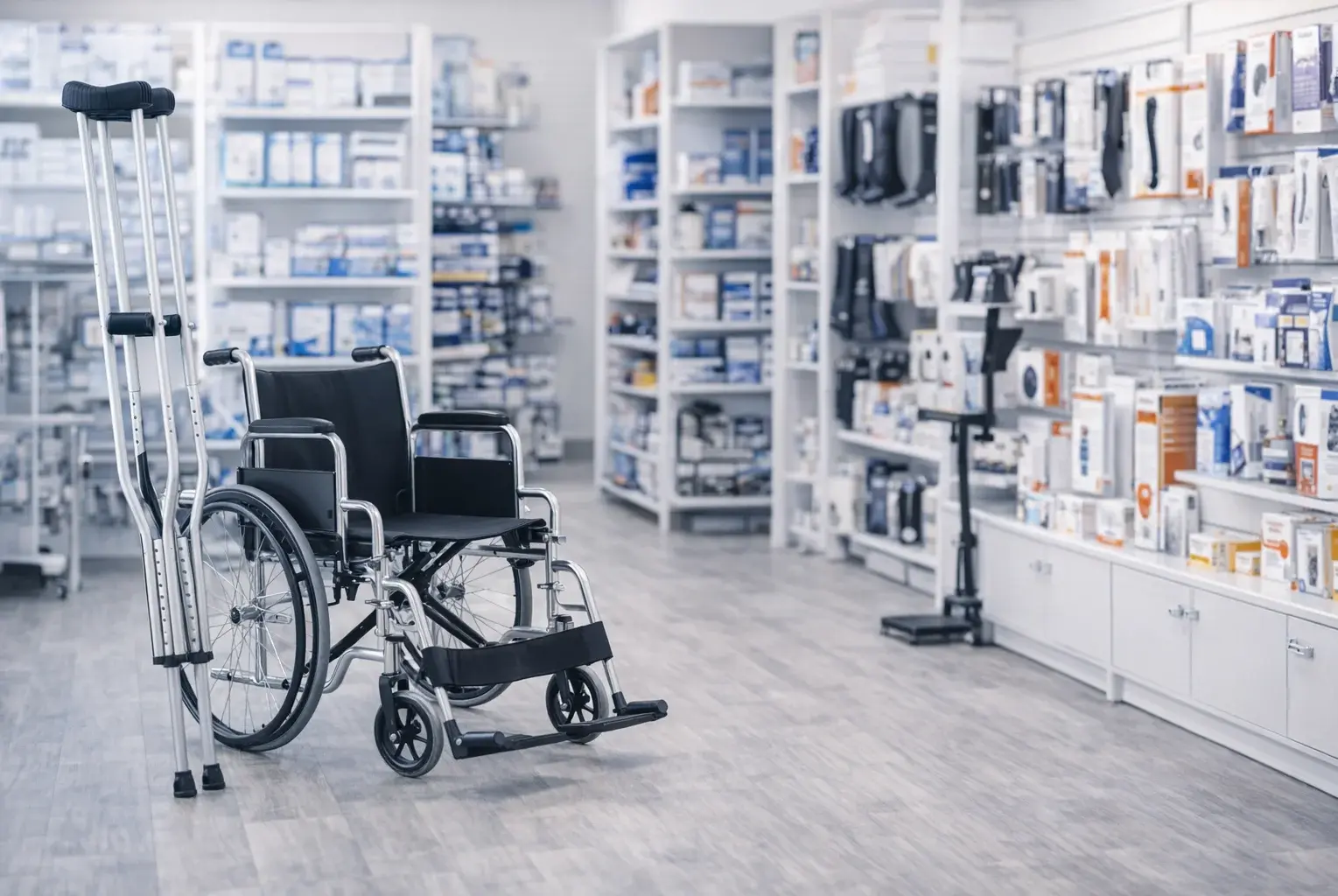 Innenansicht eines Sanitätshäuser mit medizinischen Hilfsmitteln wie Rollstühlen und Pflegeausstattung in Regalen.